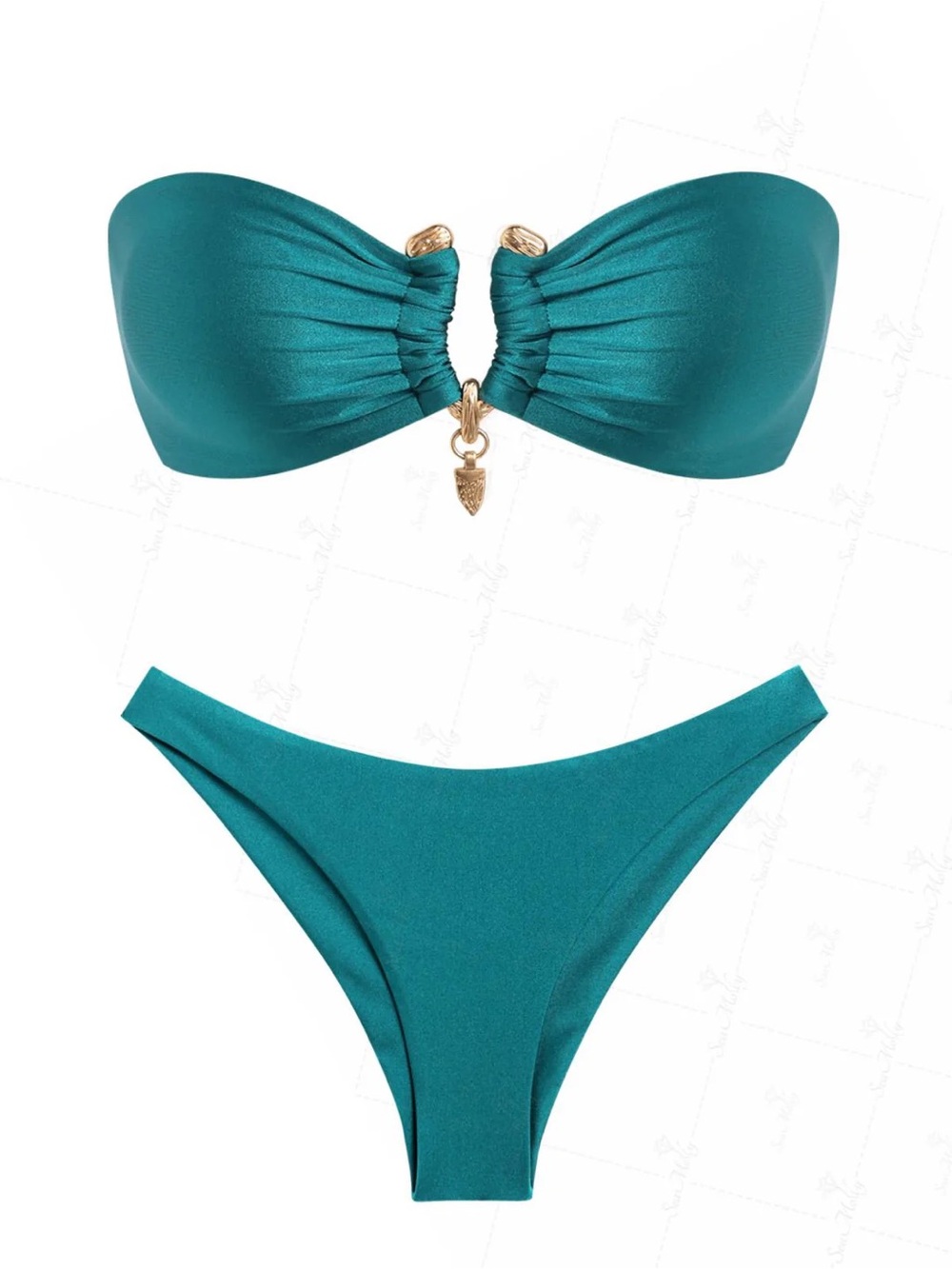SeaMolly Strapless Teal Bandeau Bikini Set with Gold Accent